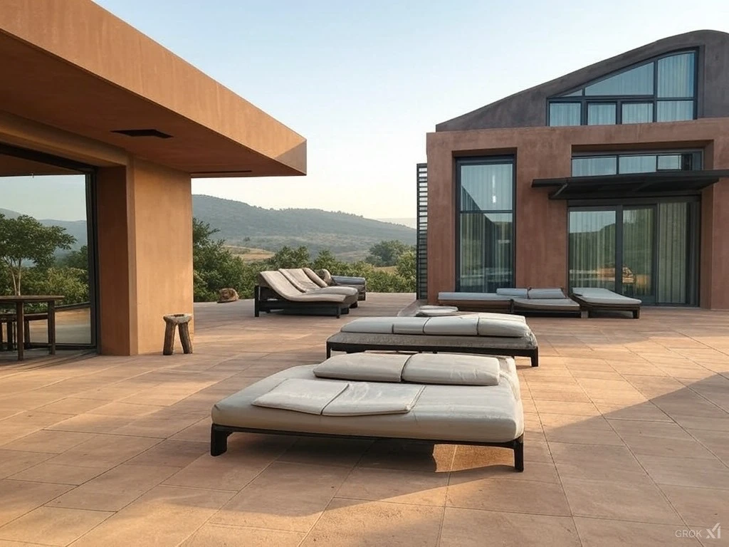 Maison moderne avec terrasse ensoleillée, chaises longues et vue sur un paysage verdoyant.